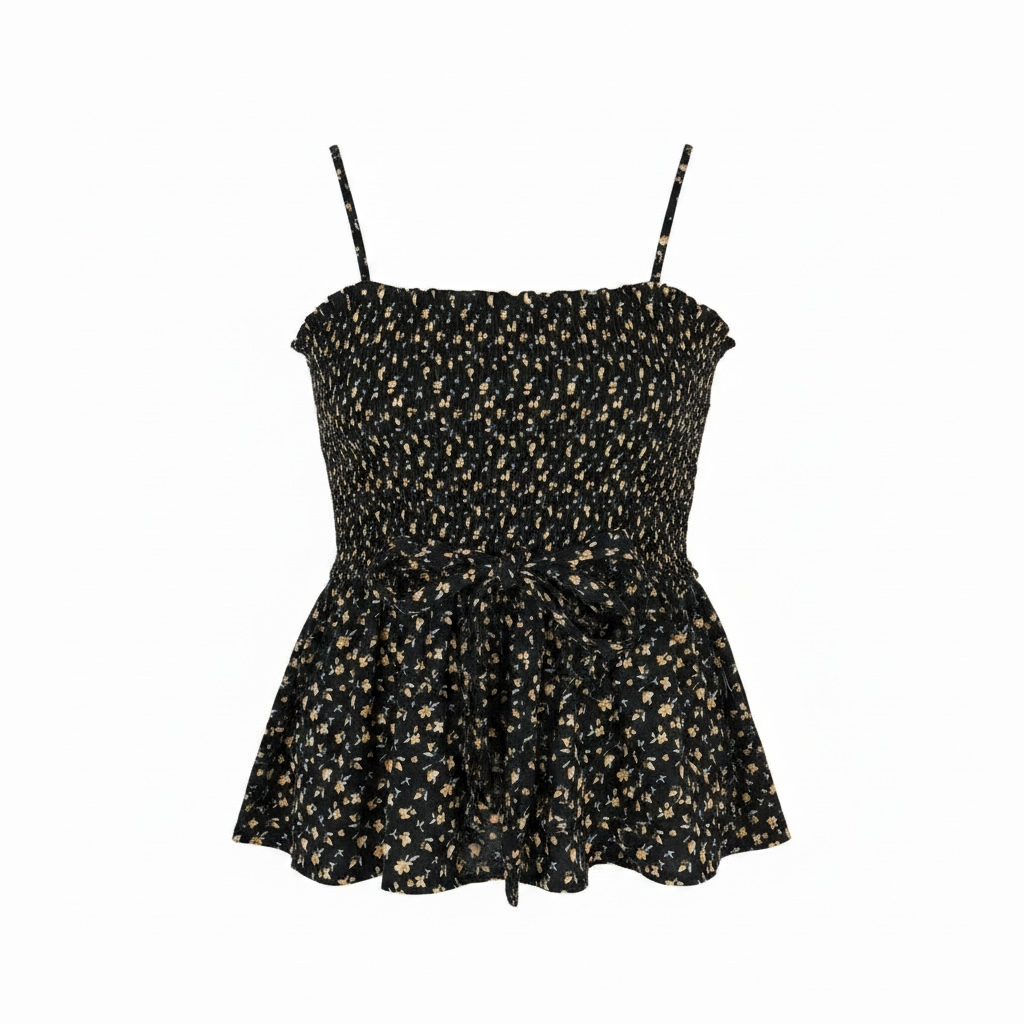 New Smocked Peplum Cami – Black Floral – Size L