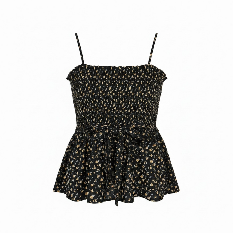 New Smocked Peplum Cami – Black Floral – Size L