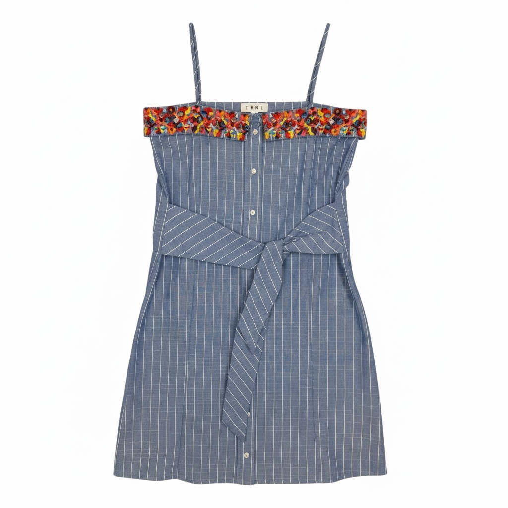 Revived Embroidered Strap Dress – Blue Stripe – Size M