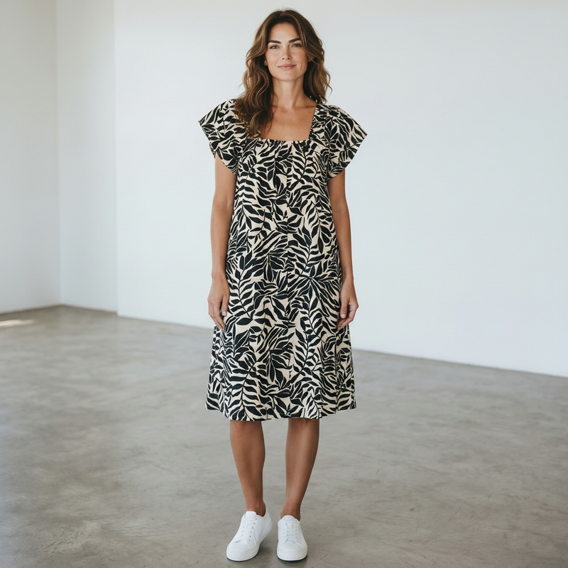 New With Tags Printed Midi Dress - Black and Cream - Size L
